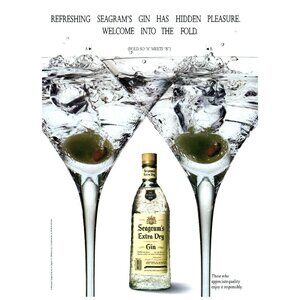 1993 Seagram's Extra Dry Gin Vintage Print Ad 2 Martini Glasses 90s Wall Art